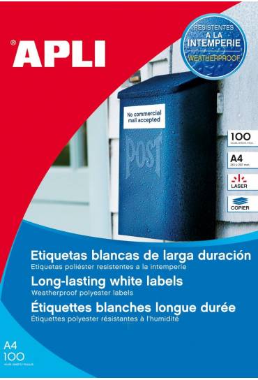 Etiquetas poliester 100hojas 210x297 Apli blancas