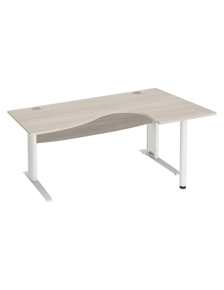 Mesa oficina 160 roble gris ala derecha patas metal blanca