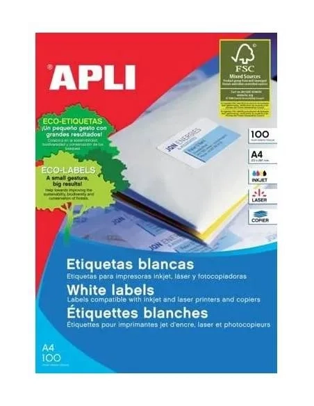 Etiquetas autoadhesivas Apli 64,6x33,8 blanca caja 100 hojas