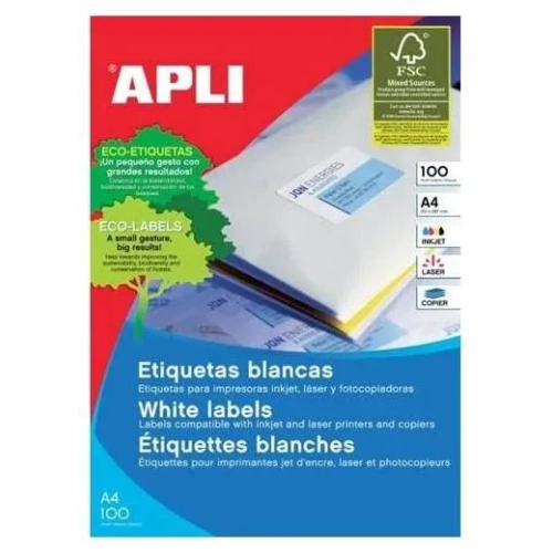 Etiquetas autoadhesivas Apli 105x37 blancas caja 100 hojas