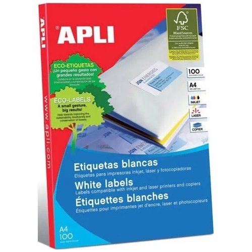Etiquetas autoadhesivas Apli 199,6x289,1 blancas 100 hojas