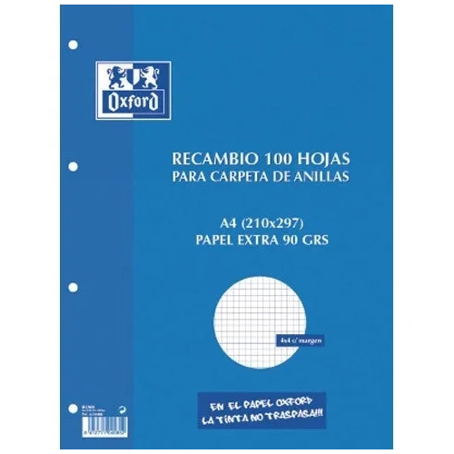 Recambio cuadriculado Oxford 120 hojas A4 4 taladros