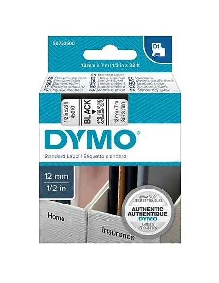 Cinta Dymo 12mmx7m negra sobre transparente