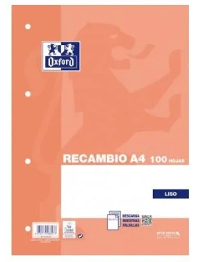 Recambio A4 liso 100 hojas 4 agujeros Oxford