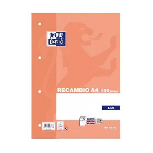 Recambio A4 liso 100 hojas 4 agujeros Oxford