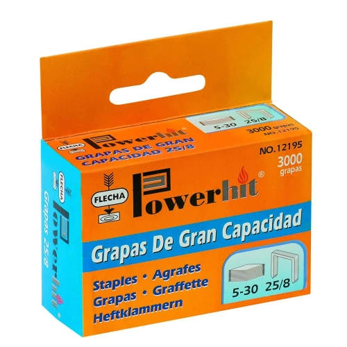 Caja 3000 grapas flecha 25/10 galvanizadas 60 hojas