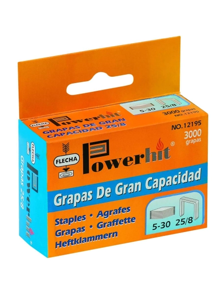 Caja 3000 grapas flecha 25/10 galvanizadas 60 hojas