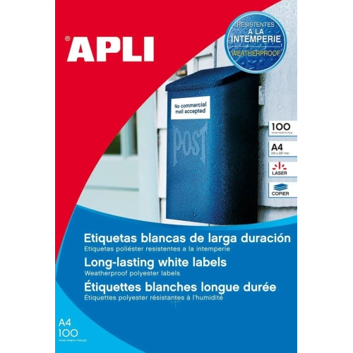 Etiquetas poliester 100 hojas A4 blancas laser Apli