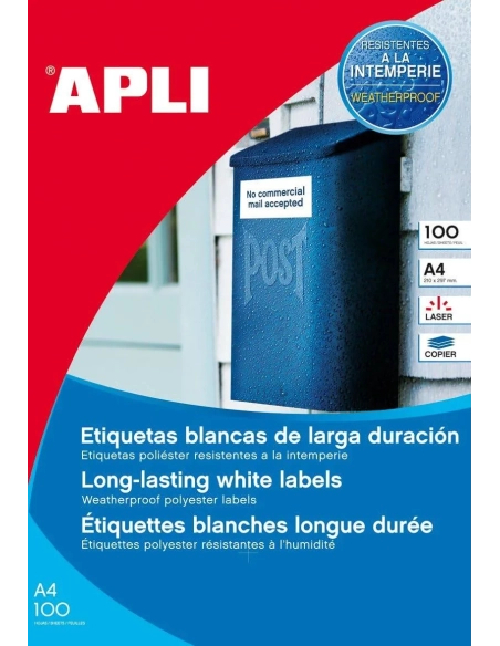 Etiquetas poliester 100 hojas A4 blancas laser Apli